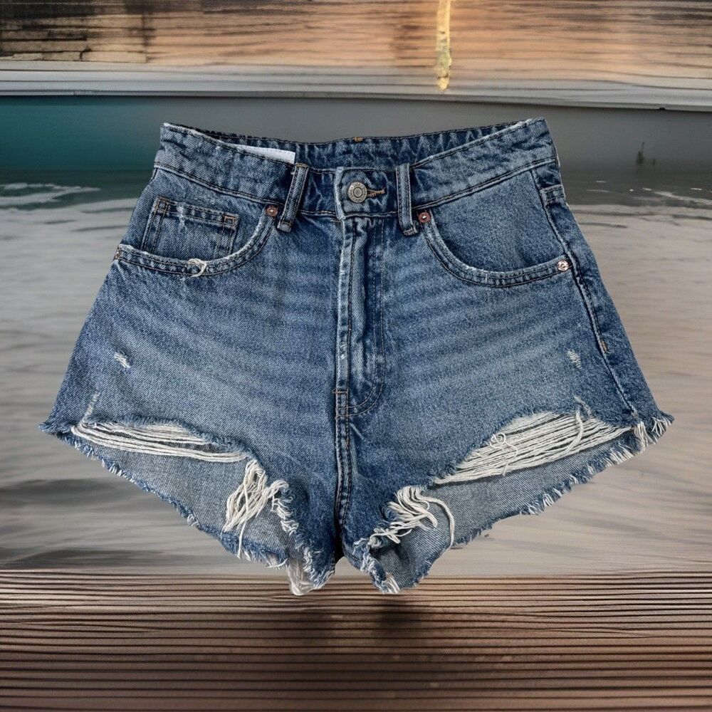 Zara Super High Waisted Shorts 2 (W24 Inseam 1.5) Blue Cotton Distressed Womens